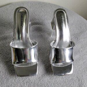✨ Carlkarida Silver Metallic Block Heel Mules Size 7